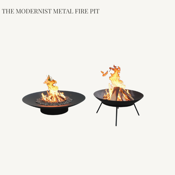 Two Modernist matte black carbon steel fire pits: a wide 70cm low-profile bowl and a 60cm bowl with an integrated metal stand for outdoor wood roasting.