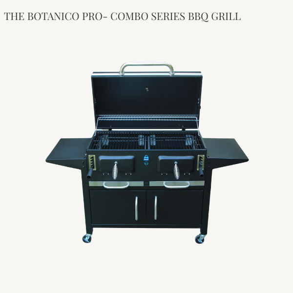 Botanico Pro-Combo professional charcoal BBQ grill with side shelves, bottom storage cabinet, and built-in thermometer