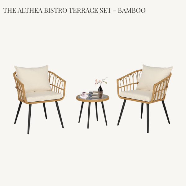 Botanico 2-seater outdoor bistro set in beige with all-metal slatted chairs and a matching metal patio table