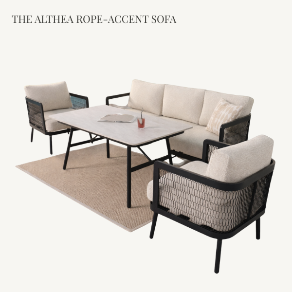 Althea 5-seater luxury white outdoor lounge set with full aluminum mesh backing and a premium marble top table