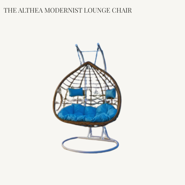 Luxury 2-seater rattan hanging egg chair with blue cushions and reinforced frame for outdoor garden lounging