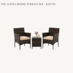 Modernist 2-seater balcony set featuring brown rattan chairs and a small square coffee table for compact spaces