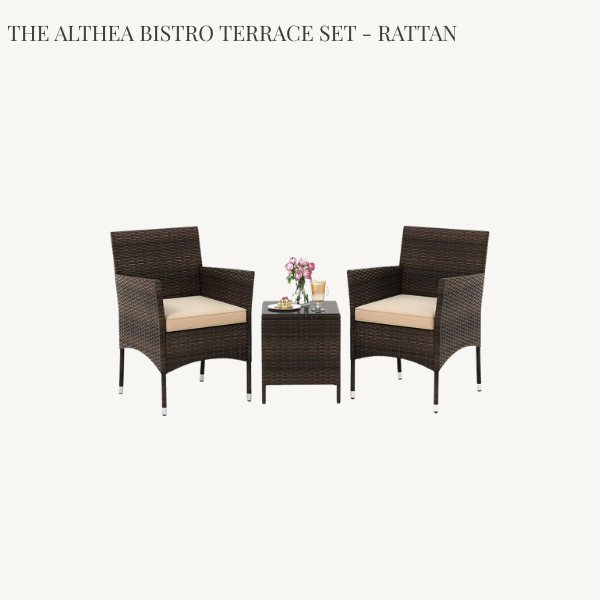 Modernist 2-seater balcony set featuring brown rattan chairs and a small square coffee table for compact spaces