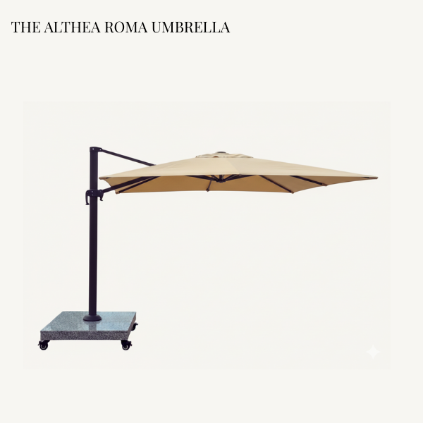 Premium Althea Roma cantilever umbrella with a 3x3 meter tan canopy, heavy-duty aluminum frame, and a massive 120kg solid marble base for wind stability.
