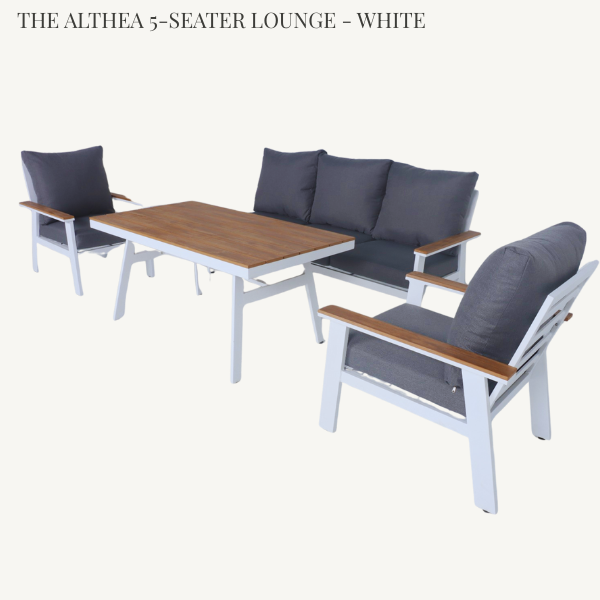 Modern Althea 5-seater white aluminum garden sofa set with pollywood table for outdoor patio seating