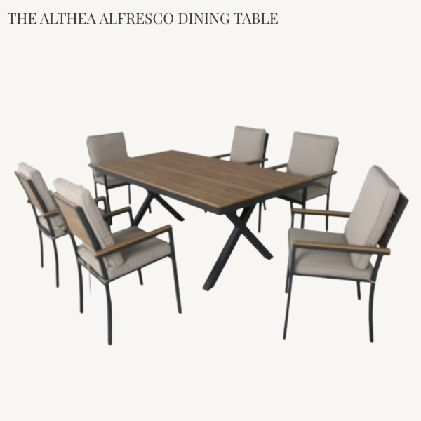 2m outdoor table with 6 chairs. Made of aluminum material with polywood top.