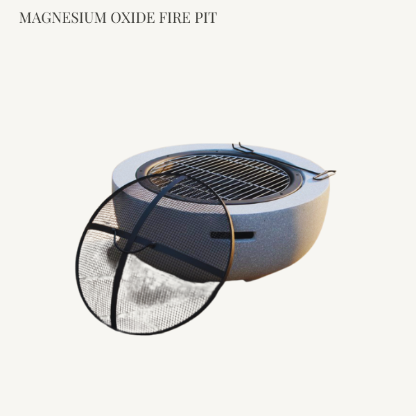 Modern square Magnesium Oxide MgO fire pit with stone-effect finish, integrated iron burner, and protective spark mesh cover.