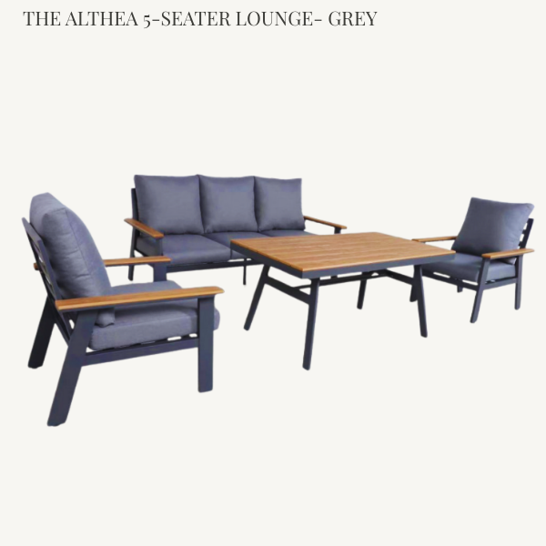 Althea 5-seater dark grey outdoor lounge furniture set including chairs and a rectangular garden table