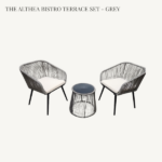 Althea Bistro Terrace set with two grey round and flat wicker chairs and a 40cm round glass-top coffee table
