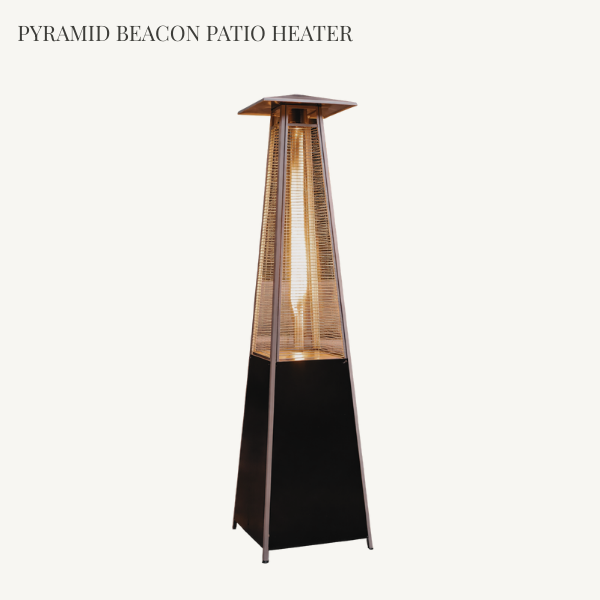 Modern pyramid patio heater with a powder coated black metal frame and protective 210D weather cover