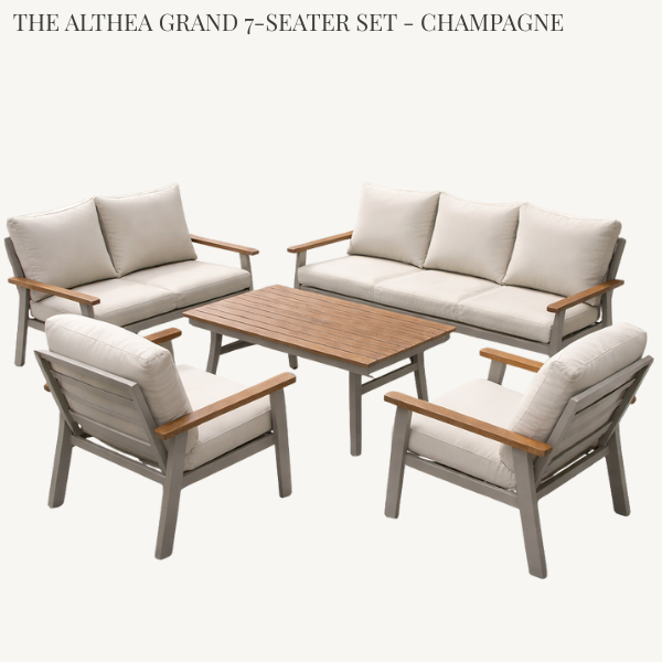 Large Althea 7-seater outdoor corner sofa set in champagne with premium cushions and matching table