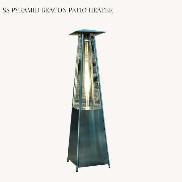SS Pyramid Beacon patio heater with a 2.27 meter tall stainless steel body and heat-resistant glass flame tube