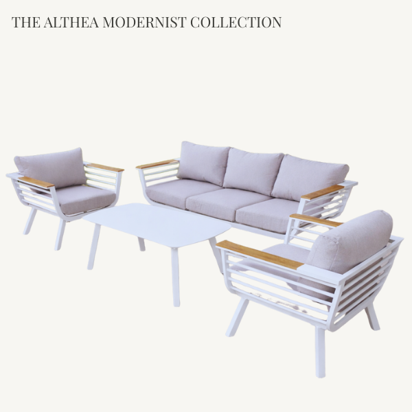 Althea 5-seater white outdoor lounge set with light grey cushions and matching full aluminum coffee table