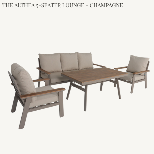 The Althea 5-seater outdoor lounge set in champagne with a pollywood-top table and champagne cushions