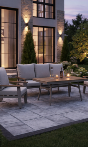 The Althea 5-seater luxury lounge set in champagne on a modern stone patio at night