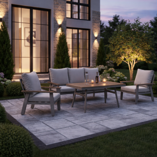 Althea-5-Seater-Lounge-Champagne-Outdoor-Furniture The Althea 5-seater luxury lounge set in champagne on a modern stone patio at night