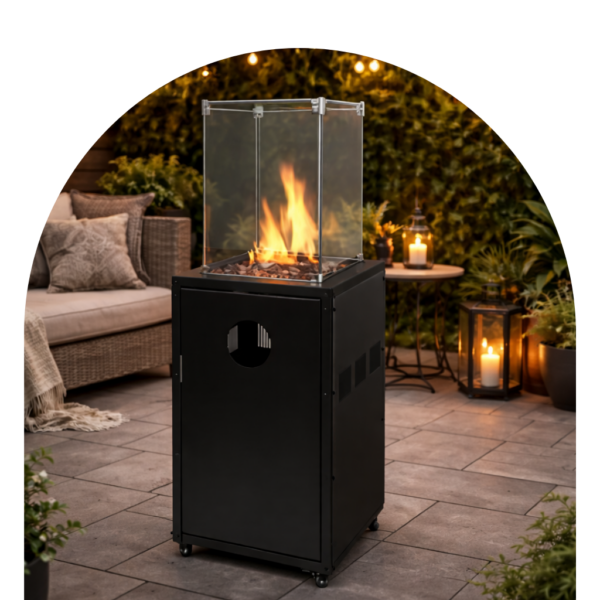 Modern Outdoor Gas Fire Pit Heater Black modern gas patio heater with glass flame guard on a stone terrace